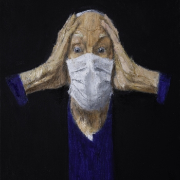 Zelfportret met mondkapje, 2019. Olieverf op doek.